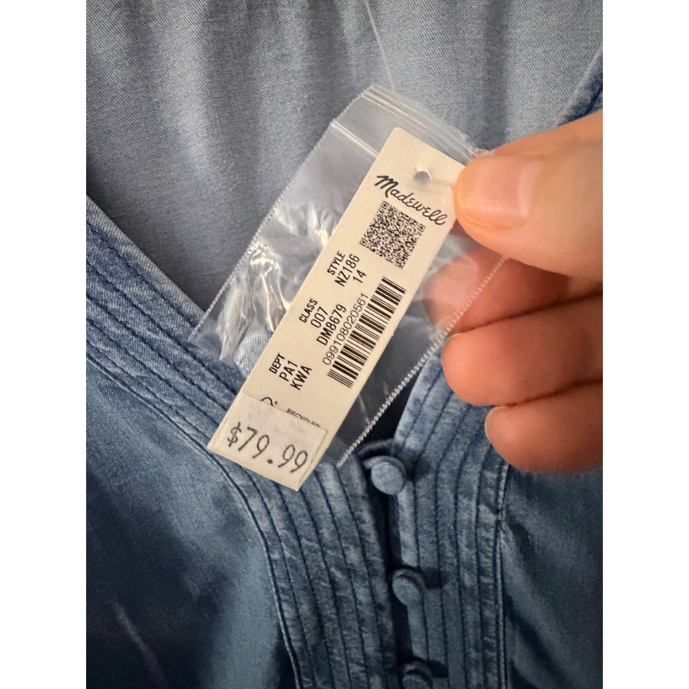 Madewell Denim Pintuck V-Neck Puff Sleeve Button Front Top Light Wash NZ186 14 - Picture 3 of 6